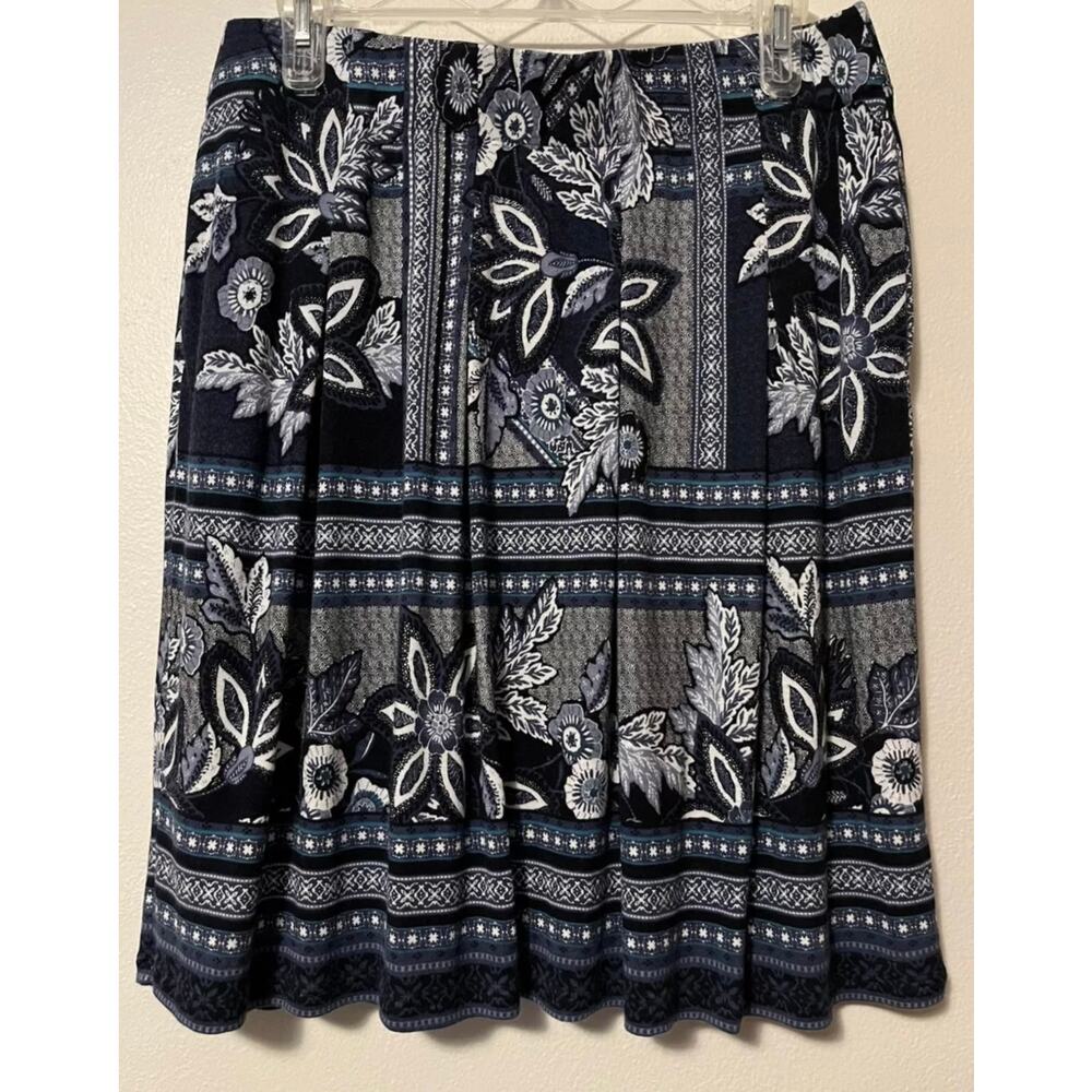 J JILL Blue White Floral Pull On Stretch Waist Pleated Skirt Womens Size Small